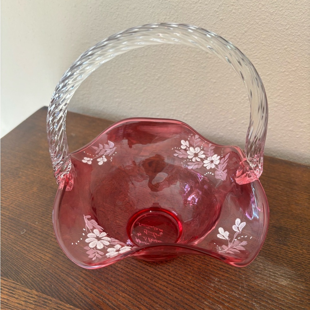 hand-painted Fenton cranberry glass basket